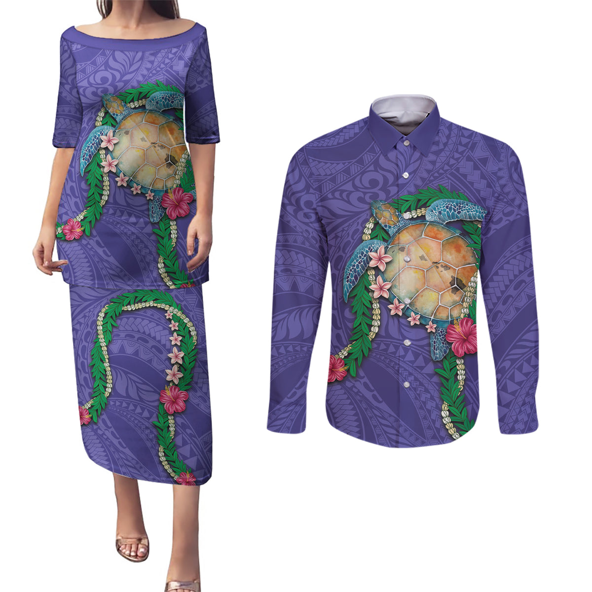 Hawaii Pikake and Maile Lei Couples Matching Puletasi and Long Sleeve Button Shirt Honu Polynesian Pattern Purple Color