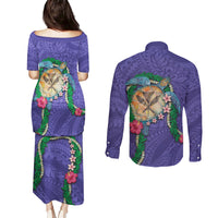 Hawaii Pikake and Maile Lei Couples Matching Puletasi and Long Sleeve Button Shirt Honu Polynesian Pattern Purple Color