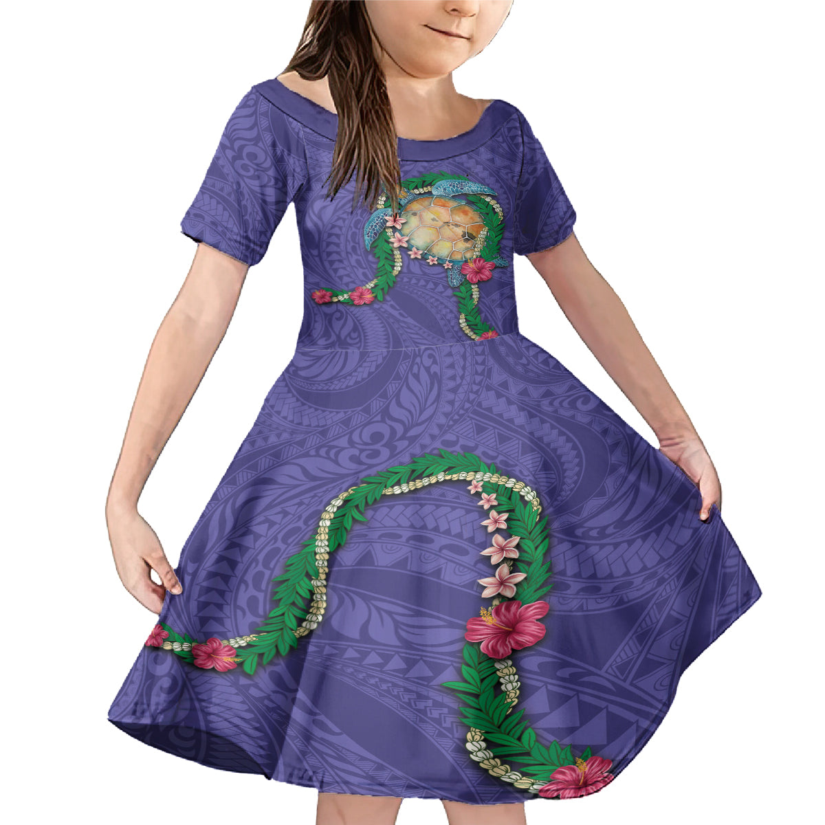 Hawaii Pikake and Maile Lei Family Matching Mermaid Dress and Hawaiian Shirt Honu Polynesian Pattern Purple Color