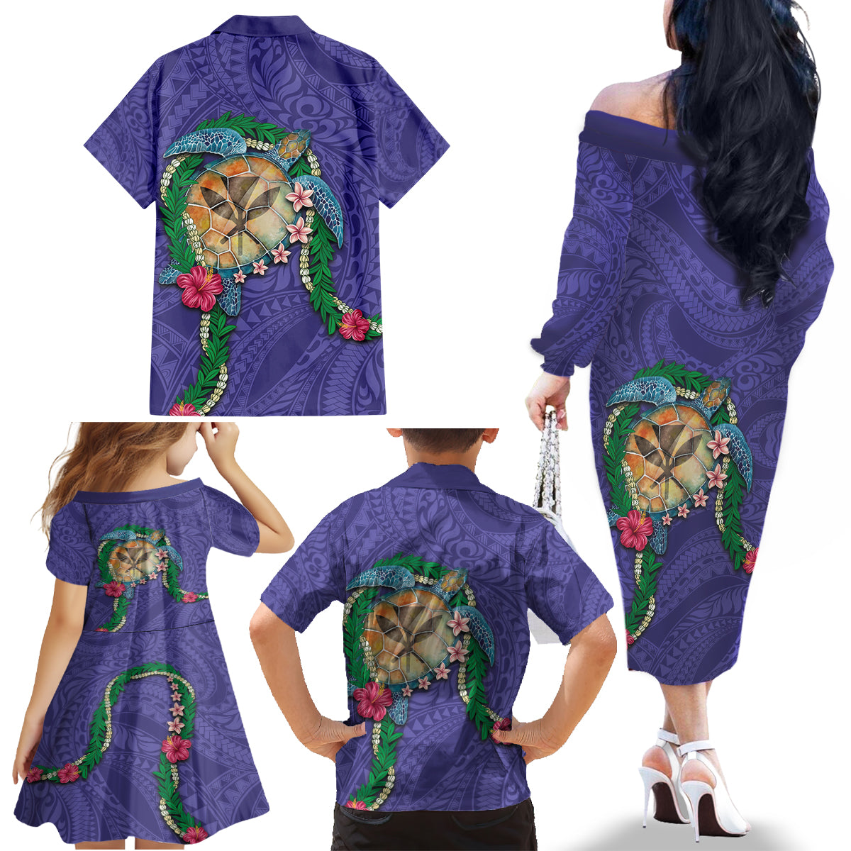 Hawaii Pikake and Maile Lei Family Matching Off The Shoulder Long Sleeve Dress and Hawaiian Shirt Honu Polynesian Pattern Purple Color