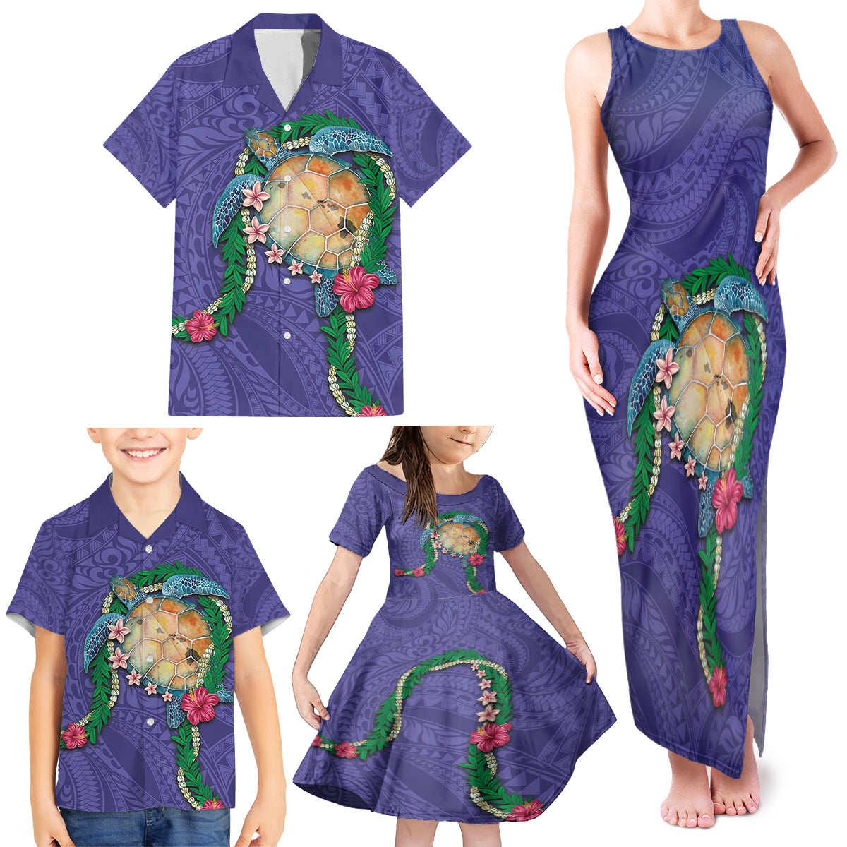 Hawaii Pikake and Maile Lei Family Matching Tank Maxi Dress and Hawaiian Shirt Honu Polynesian Pattern Purple Color