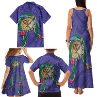 Hawaii Pikake and Maile Lei Family Matching Tank Maxi Dress and Hawaiian Shirt Honu Polynesian Pattern Purple Color