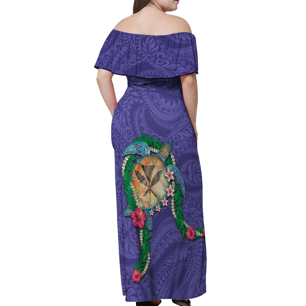 Hawaii Pikake and Maile Lei Off Shoulder Maxi Dress Honu Polynesian Pattern Purple Color