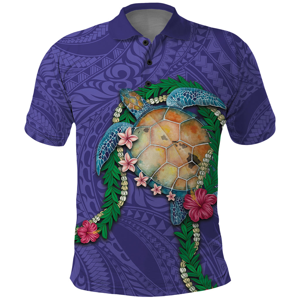 Hawaii Pikake and Maile Lei Polo Shirt Honu Polynesian Pattern Purple Color