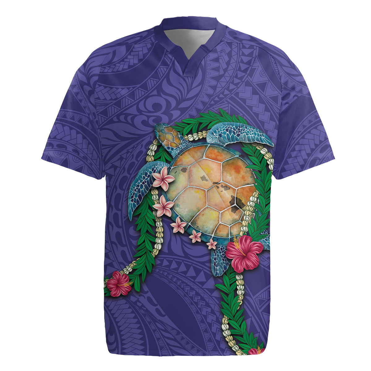 Hawaii Pikake and Maile Lei Rugby Jersey Honu Polynesian Pattern Purple Color