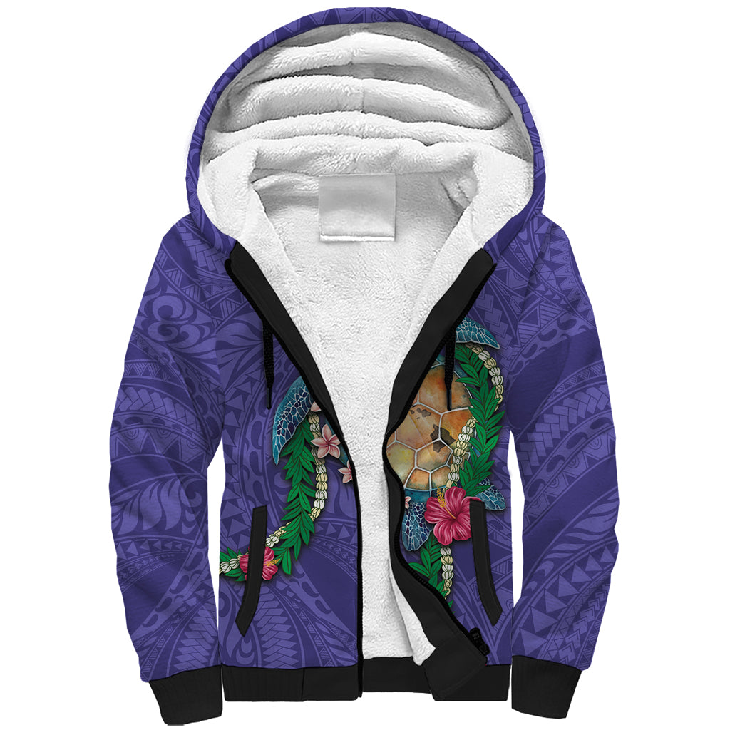 Hawaii Pikake and Maile Lei Sherpa Hoodie Honu Polynesian Pattern Purple Color