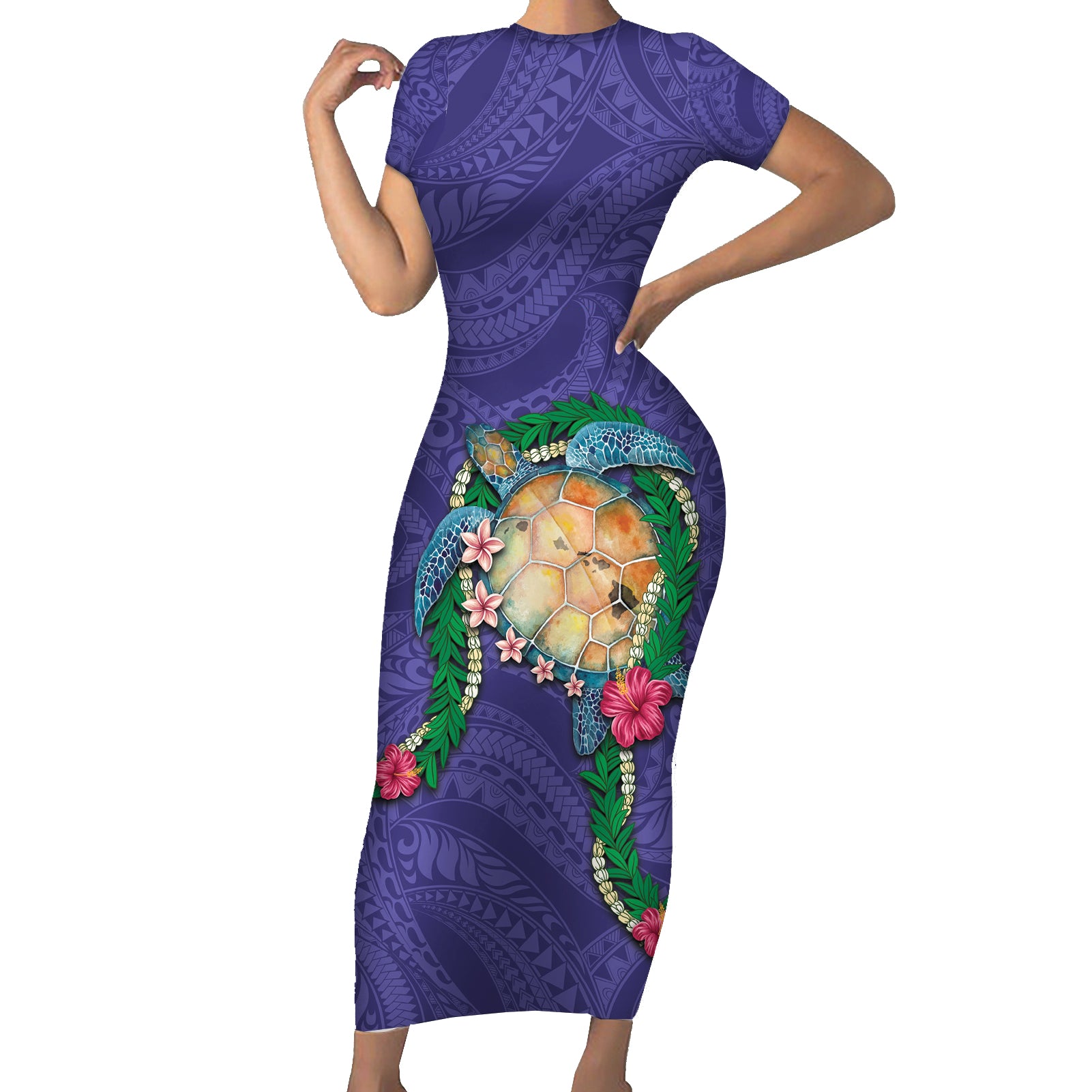 Hawaii Pikake and Maile Lei Short Sleeve Bodycon Dress Honu Polynesian Pattern Purple Color