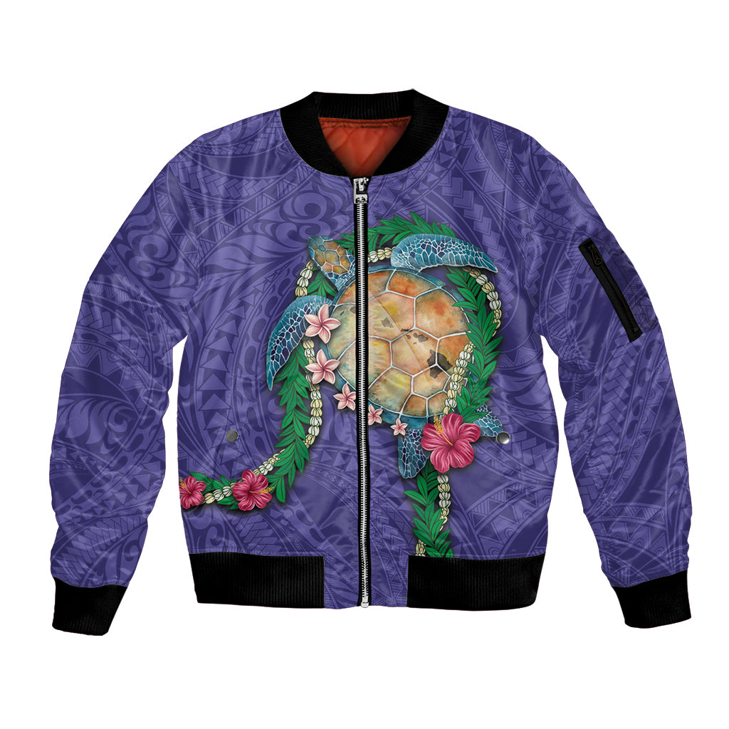 Hawaii Pikake and Maile Lei Sleeve Zip Bomber Jacket Honu Polynesian Pattern Purple Color