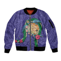 Hawaii Pikake and Maile Lei Sleeve Zip Bomber Jacket Honu Polynesian Pattern Purple Color