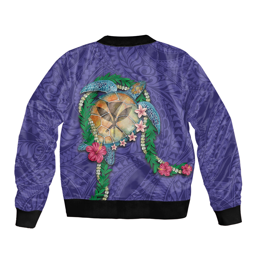 Hawaii Pikake and Maile Lei Sleeve Zip Bomber Jacket Honu Polynesian Pattern Purple Color