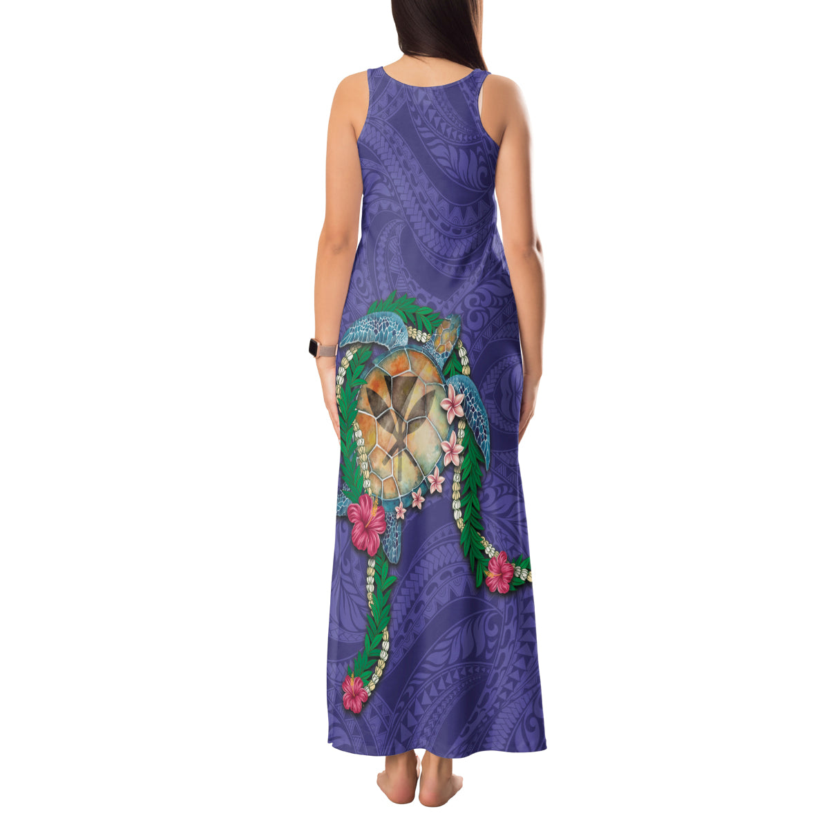 Hawaii Pikake and Maile Lei Tank Maxi Dress Honu Polynesian Pattern Purple Color