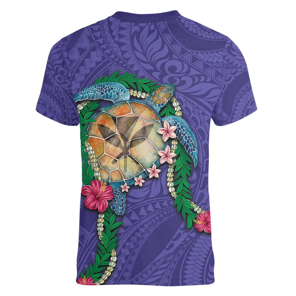 Hawaii Pikake and Maile Lei Women V-Neck T-Shirt Honu Polynesian Pattern Purple Color