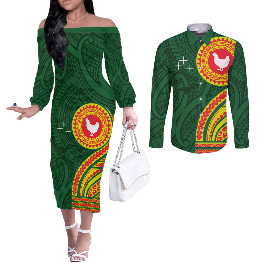 Manu'a Cession Day Couples Matching Off The Shoulder Long Sleeve Dress and Long Sleeve Button Shirt Polynesian Pattern