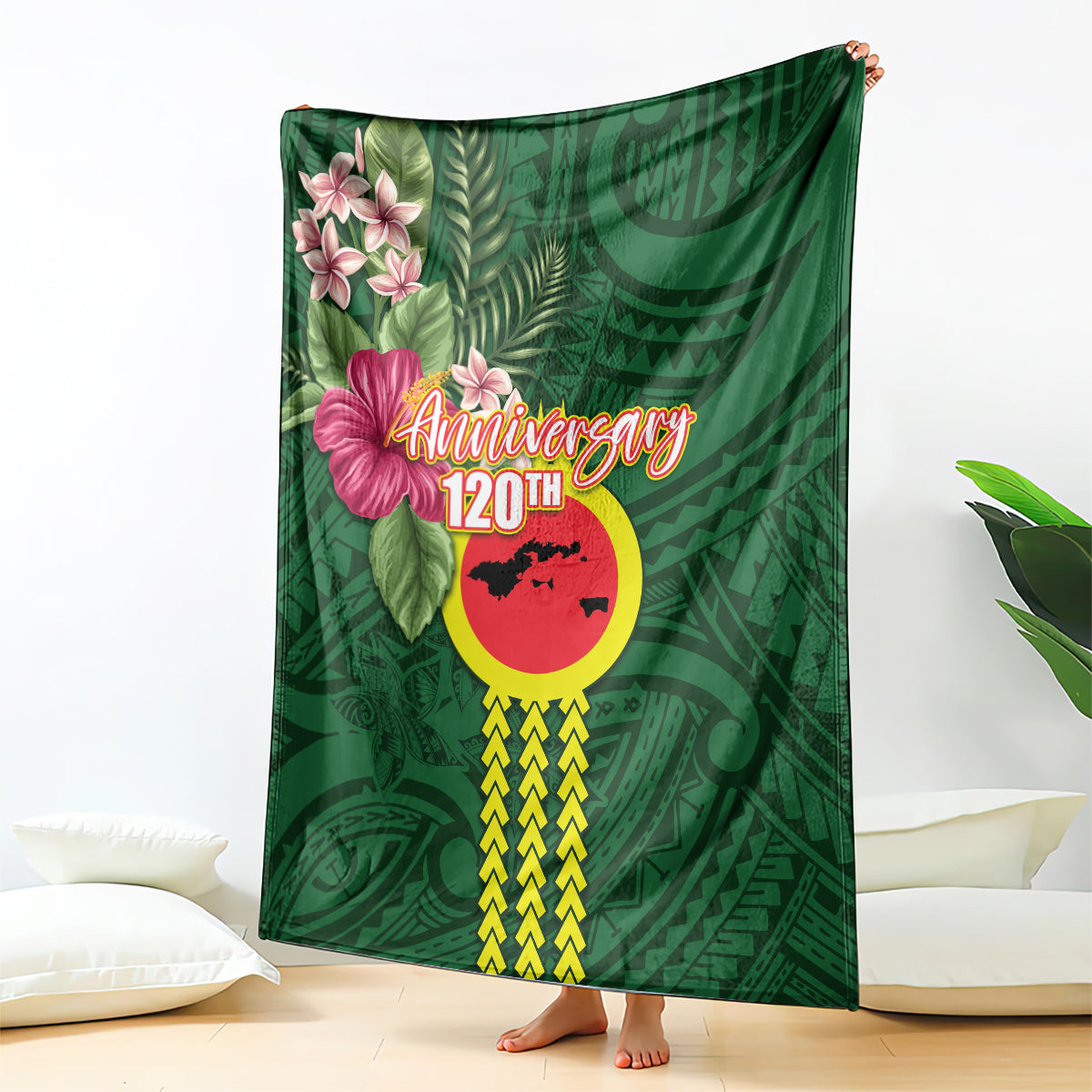 Manu'a Cession Day 120th Anniversary Blanket Polynesian Pattern and Hibiscus Flower