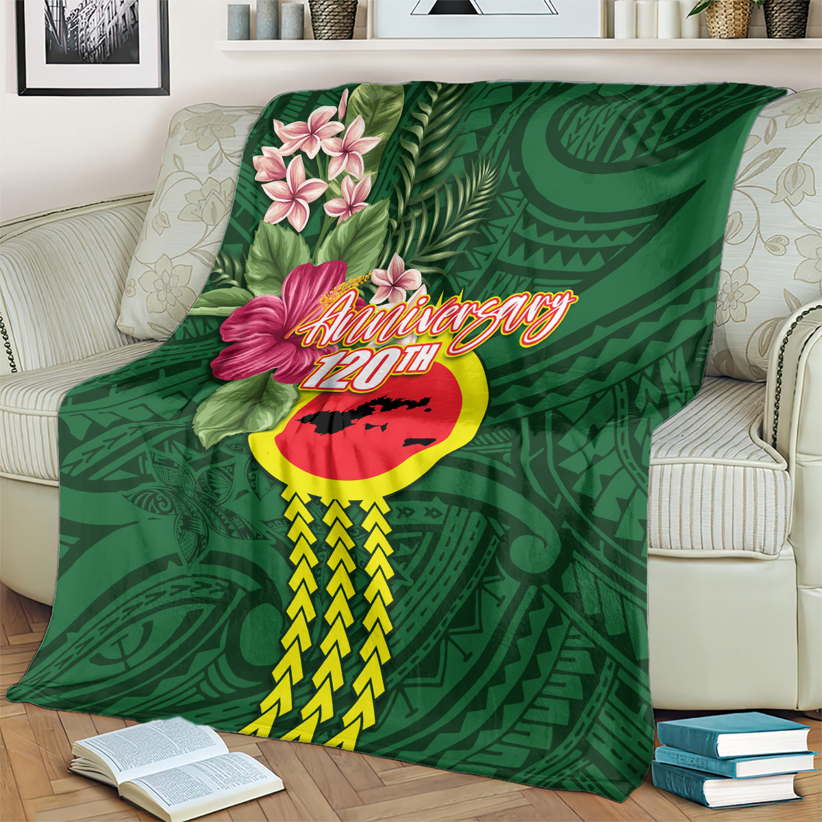 Manu'a Cession Day 120th Anniversary Blanket Polynesian Pattern and Hibiscus Flower