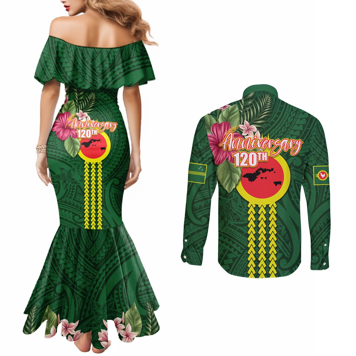 Manu'a Cession Day 120th Anniversary Couples Matching Mermaid Dress and Long Sleeve Button Shirt Polynesian Pattern and Hibiscus Flower