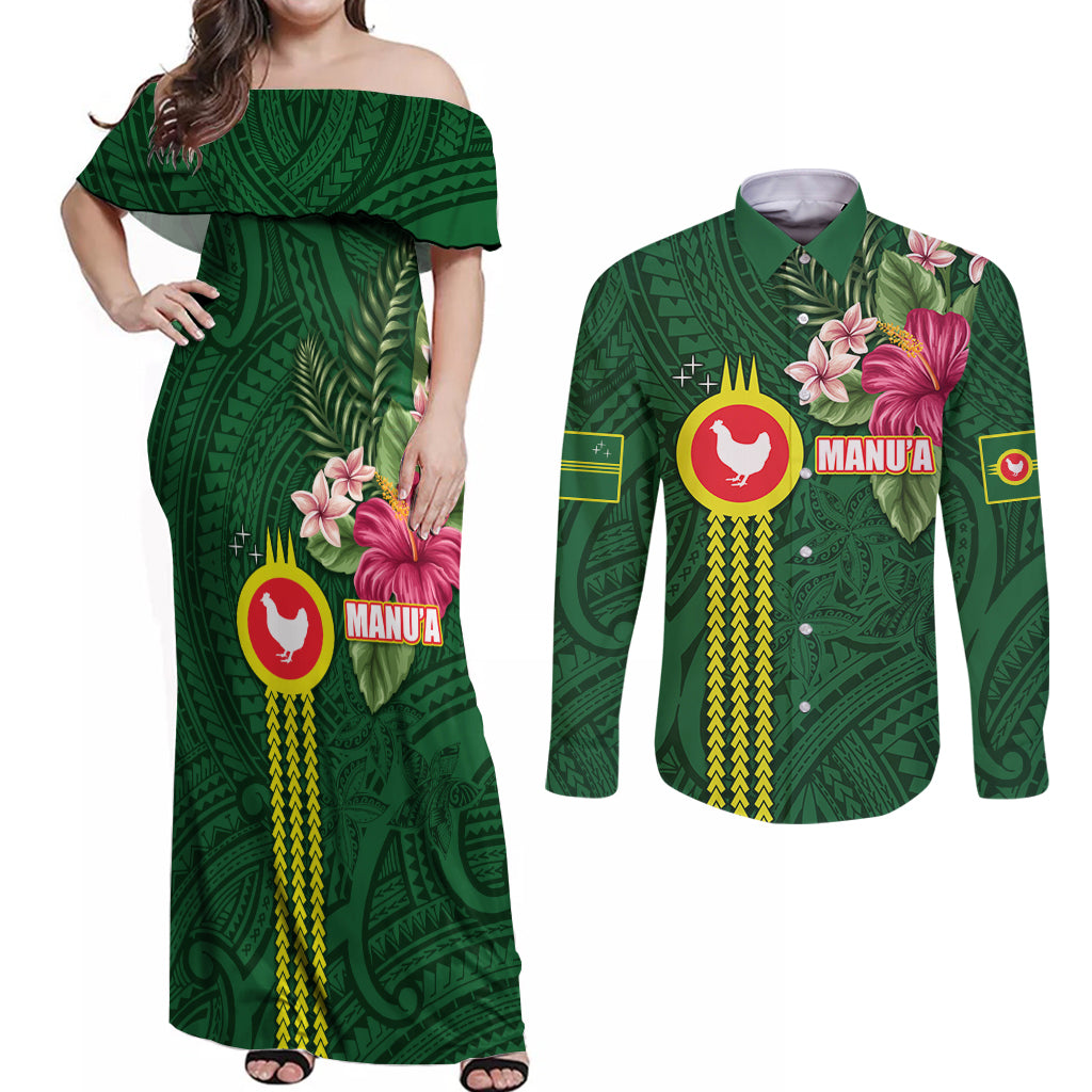 Manu'a Cession Day 120th Anniversary Couples Matching Off Shoulder Maxi Dress and Long Sleeve Button Shirt Polynesian Pattern and Hibiscus Flower