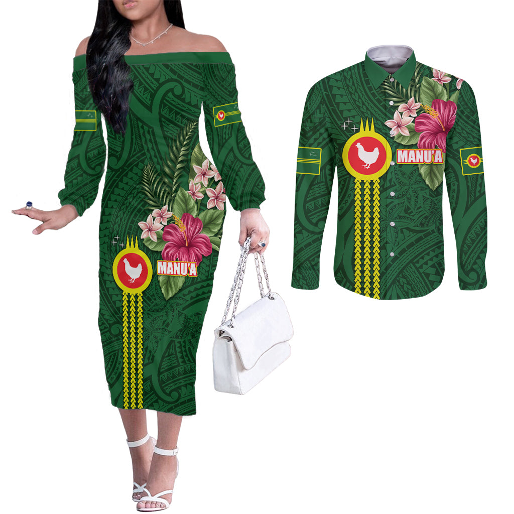 Manu'a Cession Day 120th Anniversary Couples Matching Off The Shoulder Long Sleeve Dress and Long Sleeve Button Shirt Polynesian Pattern and Hibiscus Flower LT03 Green - Polynesian Pride