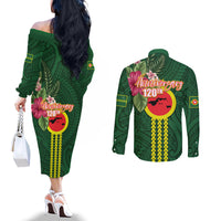 Manu'a Cession Day 120th Anniversary Couples Matching Off The Shoulder Long Sleeve Dress and Long Sleeve Button Shirt Polynesian Pattern and Hibiscus Flower LT03 - Polynesian Pride