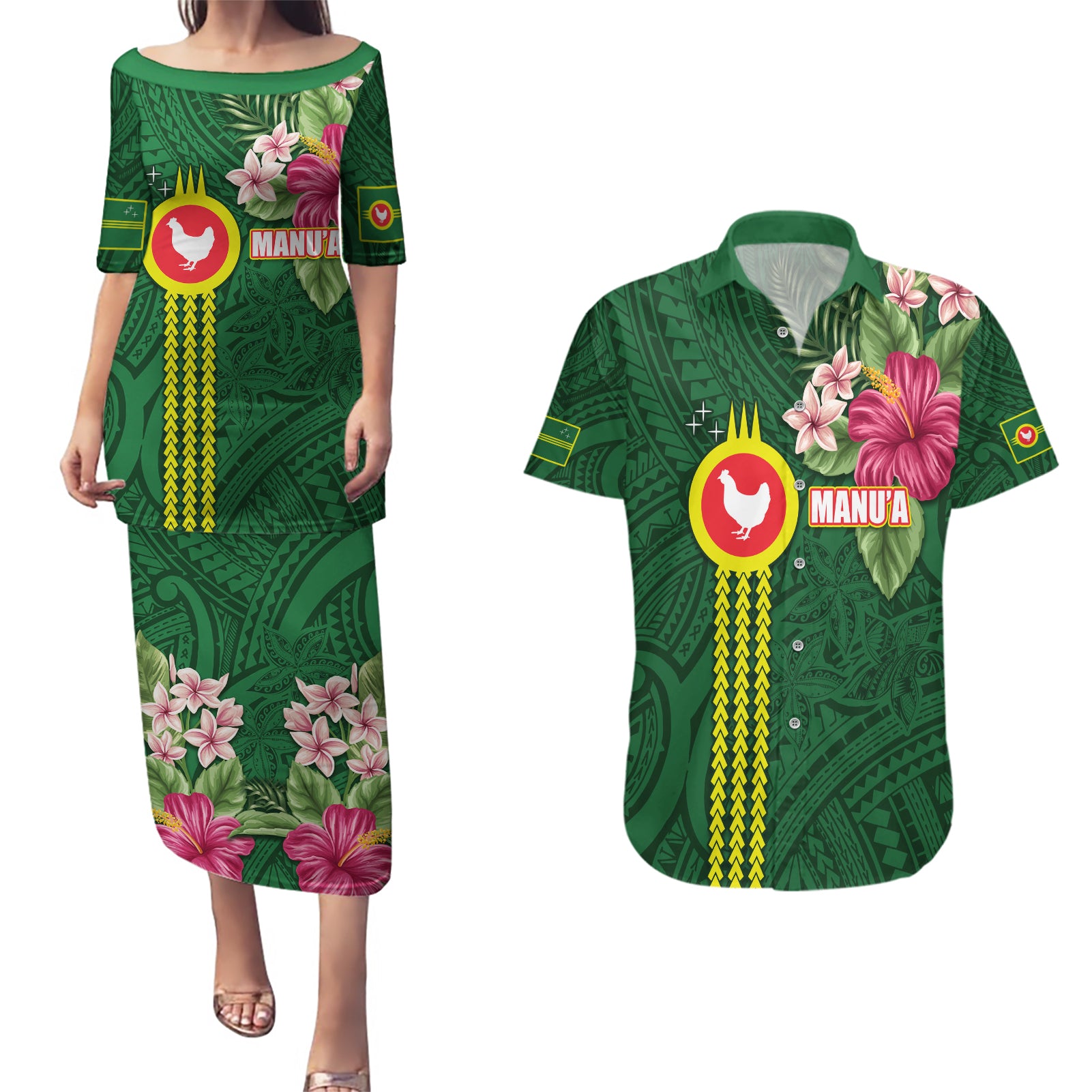 Manu'a Cession Day 120th Anniversary Couples Matching Puletasi and Hawaiian Shirt Polynesian Pattern and Hibiscus Flower