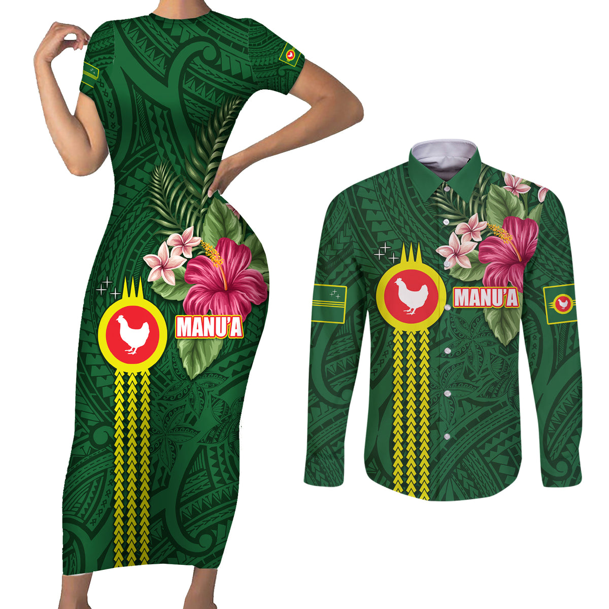 Manu'a Cession Day 120th Anniversary Couples Matching Short Sleeve Bodycon Dress and Long Sleeve Button Shirt Polynesian Pattern and Hibiscus Flower LT03 Green - Polynesian Pride
