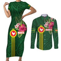 Manu'a Cession Day 120th Anniversary Couples Matching Short Sleeve Bodycon Dress and Long Sleeve Button Shirt Polynesian Pattern and Hibiscus Flower LT03 Green - Polynesian Pride