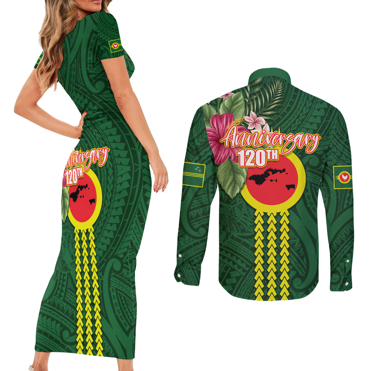 Manu'a Cession Day 120th Anniversary Couples Matching Short Sleeve Bodycon Dress and Long Sleeve Button Shirt Polynesian Pattern and Hibiscus Flower LT03 - Polynesian Pride