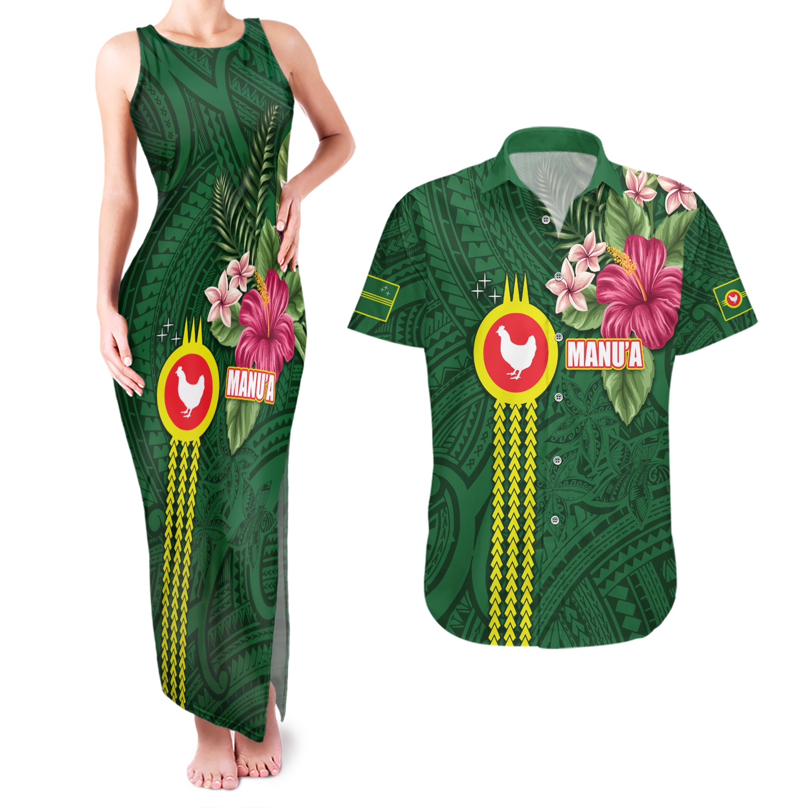 Manu'a Cession Day 120th Anniversary Couples Matching Tank Maxi Dress and Hawaiian Shirt Polynesian Pattern and Hibiscus Flower