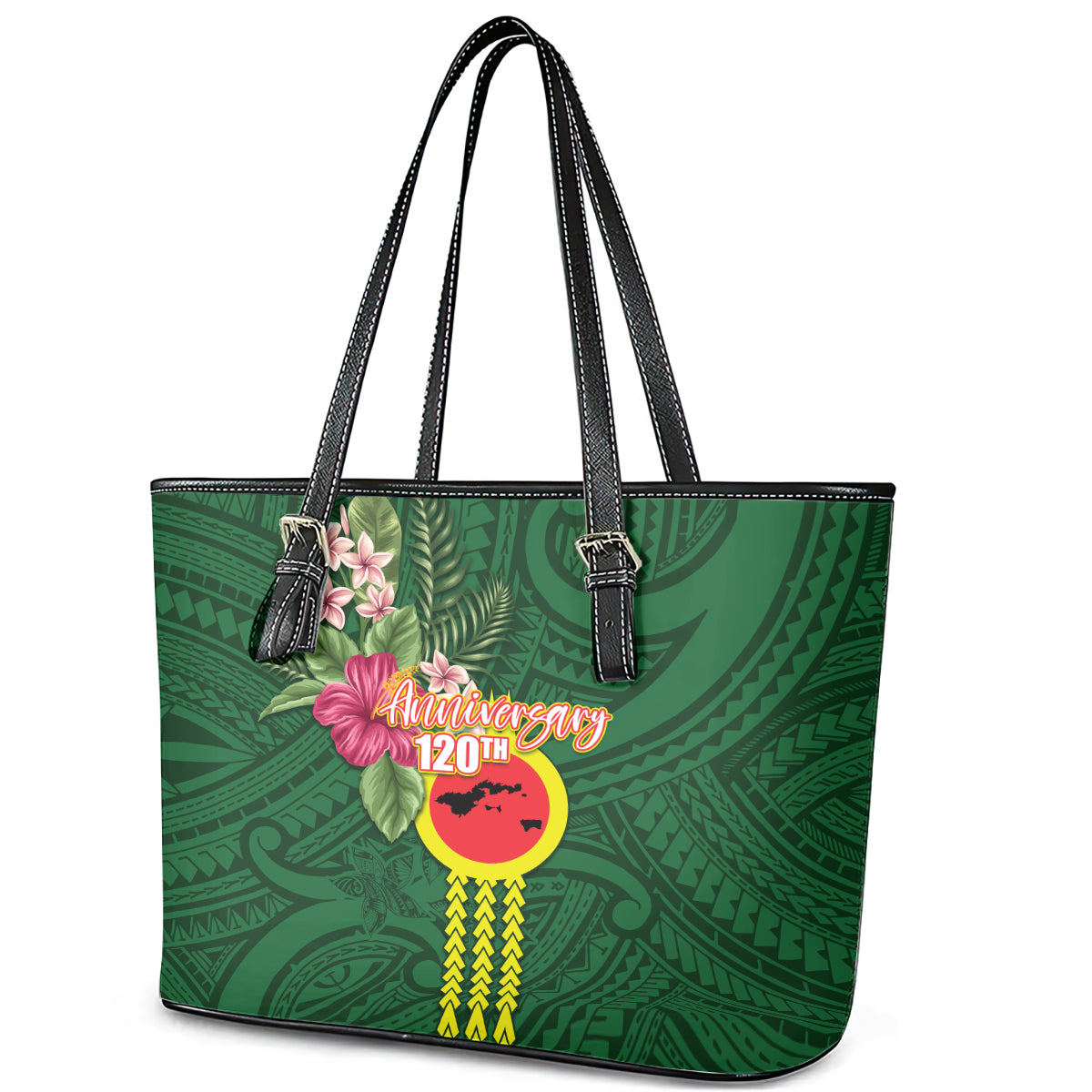 Manu'a Cession Day 120th Anniversary Leather Tote Bag Polynesian Pattern and Hibiscus Flower