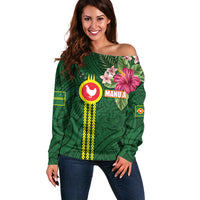 Manu'a Cession Day 120th Anniversary Off Shoulder Sweater Polynesian Pattern and Hibiscus Flower LT03 Women Green - Polynesian Pride