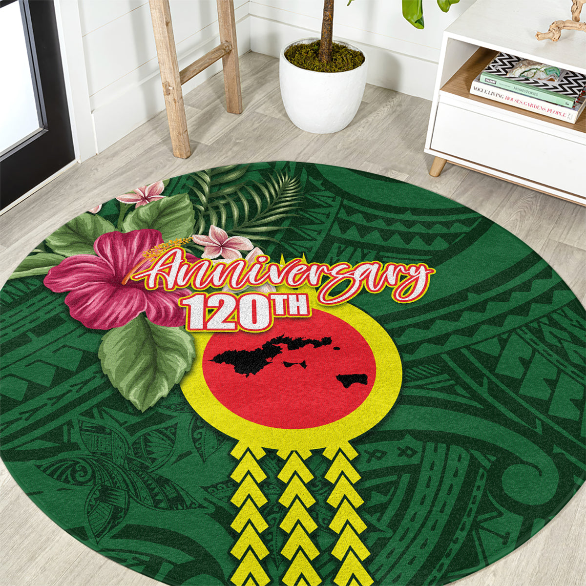 Manu'a Cession Day 120th Anniversary Round Carpet Polynesian Pattern and Hibiscus Flower LT03 Green - Polynesian Pride