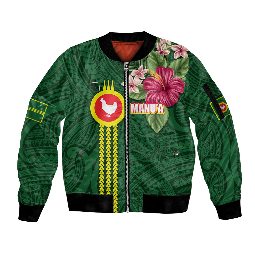 Manu'a Cession Day 120th Anniversary Sleeve Zip Bomber Jacket Polynesian Pattern and Hibiscus Flower