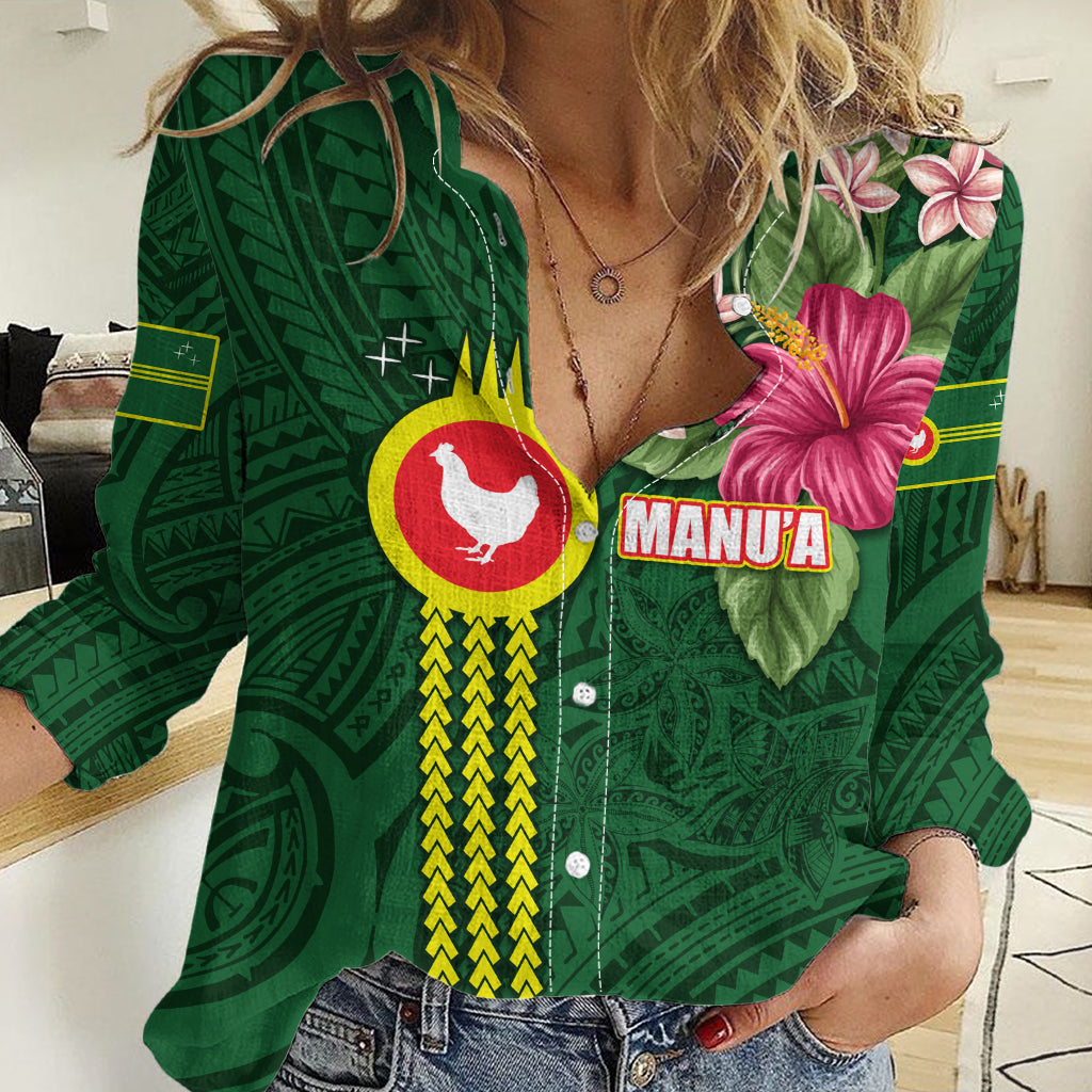 Manu'a Cession Day 120th Anniversary Women Casual Shirt Polynesian Pattern and Hibiscus Flower