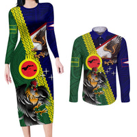 Manu'a Island and American Samoa Couples Matching Long Sleeve Bodycon Dress and Long Sleeve Button Shirt Rooster and Eagle Mascot