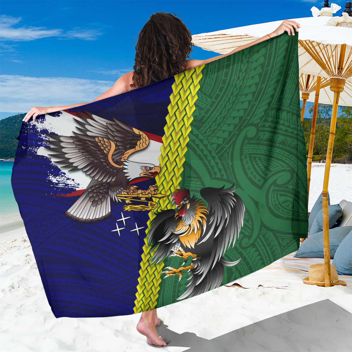 Manu'a Island and American Samoa Sarong Rooster and Eagle Mascot LT03 One Size 44 x 66 inches Green - Polynesian Pride