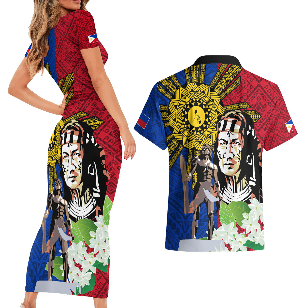 Philippines Lapu-Lapu Couples Matching Short Sleeve Bodycon Dress and Hawaiian Shirt Filipino Sun Tattoo With Yakan Pattern