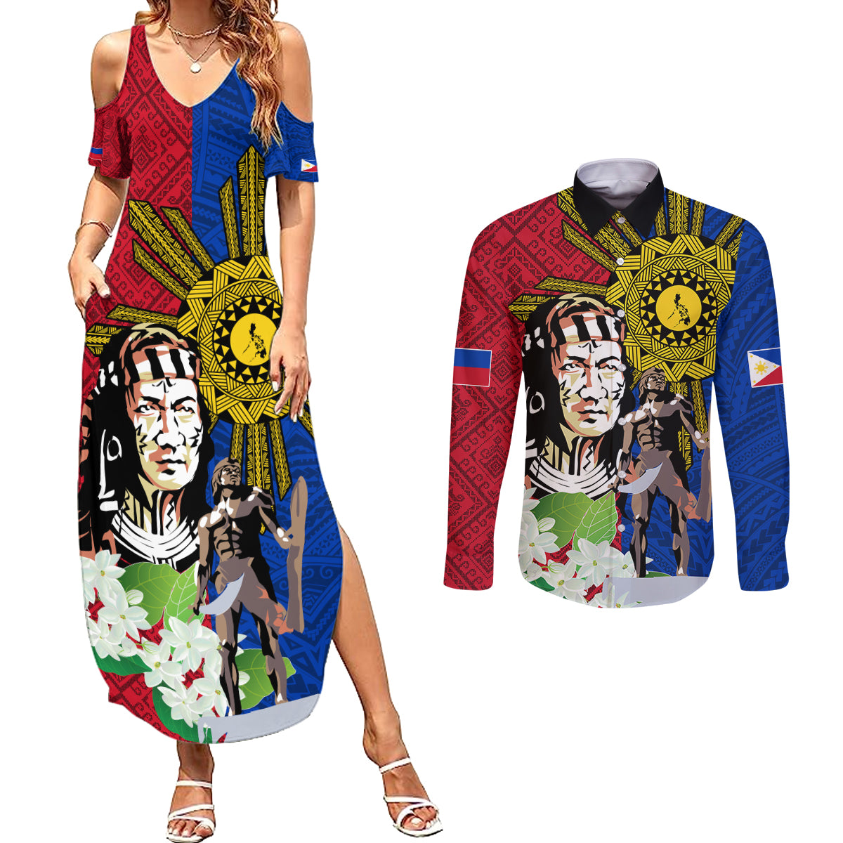 Philippines Lapu-Lapu Couples Matching Summer Maxi Dress and Long Sleeve Button Shirt Filipino Sun Tattoo With Yakan Pattern