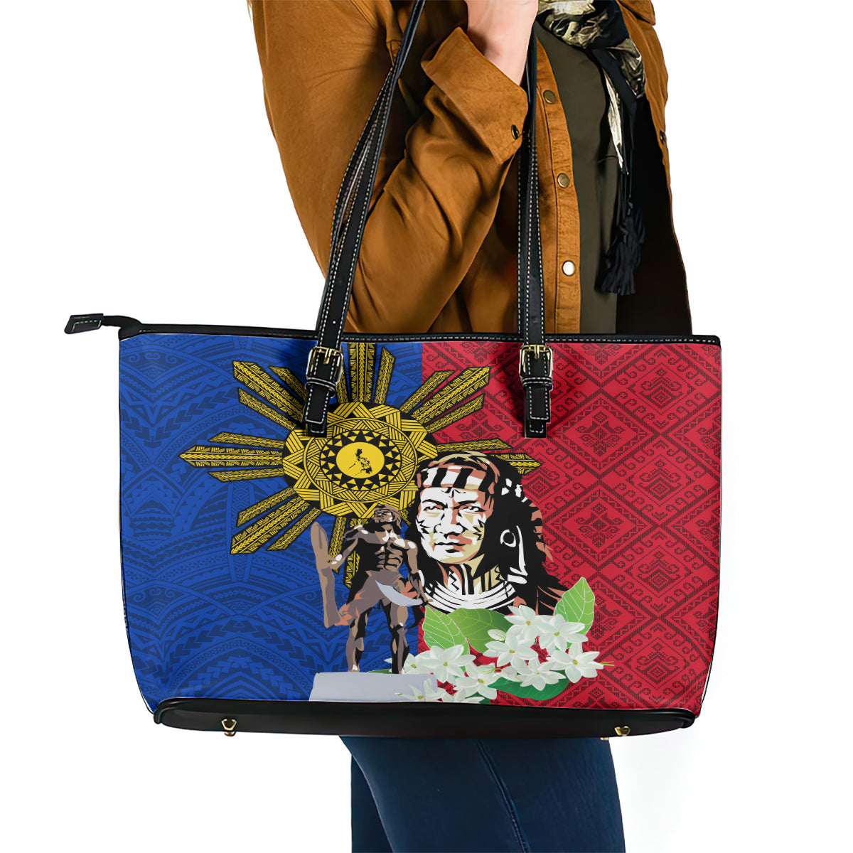 Philippines Lapu-Lapu Leather Tote Bag Filipino Sun Tattoo With Yakan Pattern