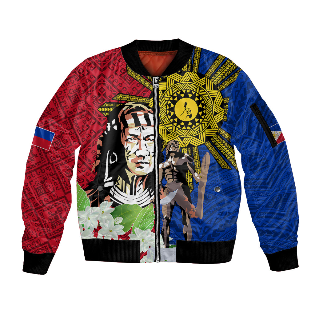 Philippines Lapu-Lapu Sleeve Zip Bomber Jacket Filipino Sun Tattoo With Yakan Pattern