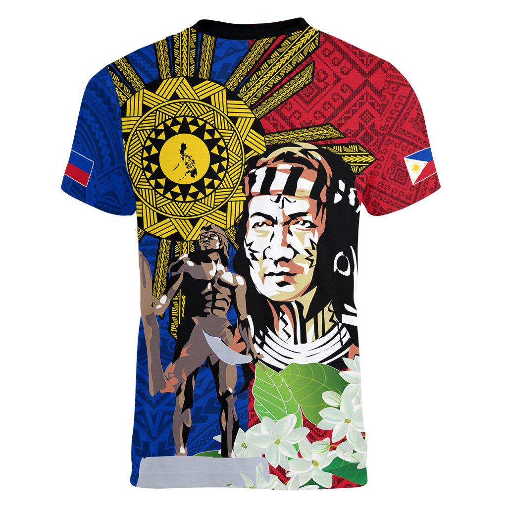 Philippines Lapu-Lapu Women V-Neck T-Shirt Filipino Sun Tattoo With Yakan Pattern