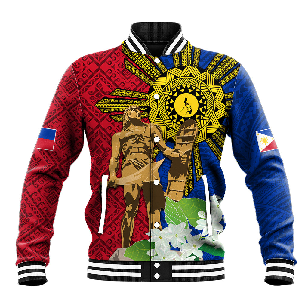 Philippines Lapu Lapu King Jasmine Flowers Baseball Jacket Filipino Sun Tattoo