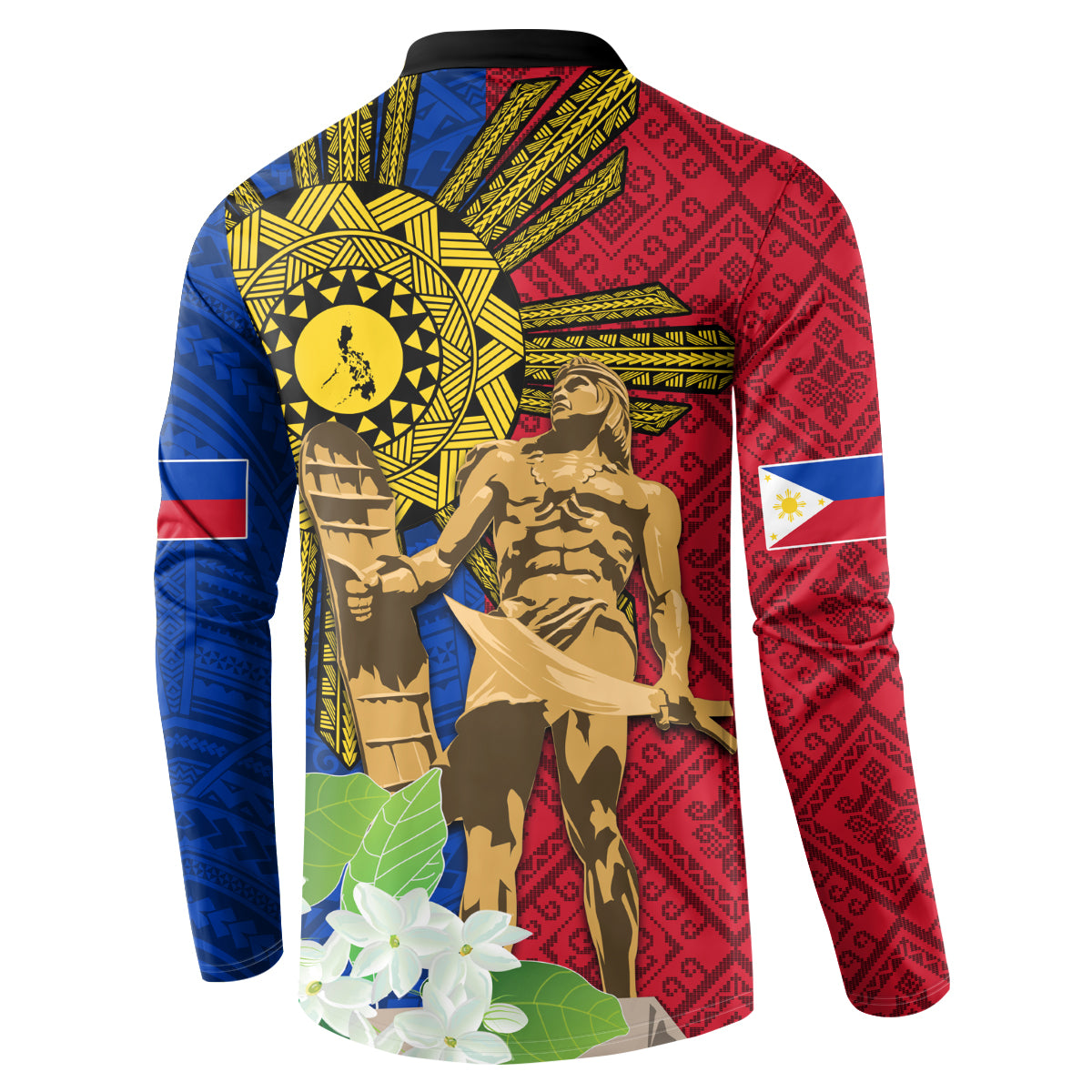 Philippines Lapu Lapu King Jasmine Flowers Button Sweatshirt Filipino Sun Tattoo