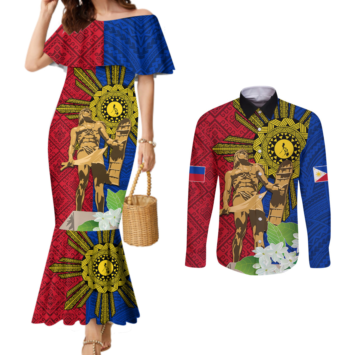 Philippines Lapu Lapu King Jasmine Flowers Couples Matching Mermaid Dress and Long Sleeve Button Shirt Filipino Sun Tattoo