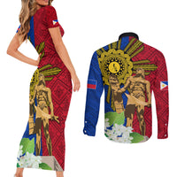 Philippines Lapu Lapu King Jasmine Flowers Couples Matching Short Sleeve Bodycon Dress and Long Sleeve Button Shirt Filipino Sun Tattoo
