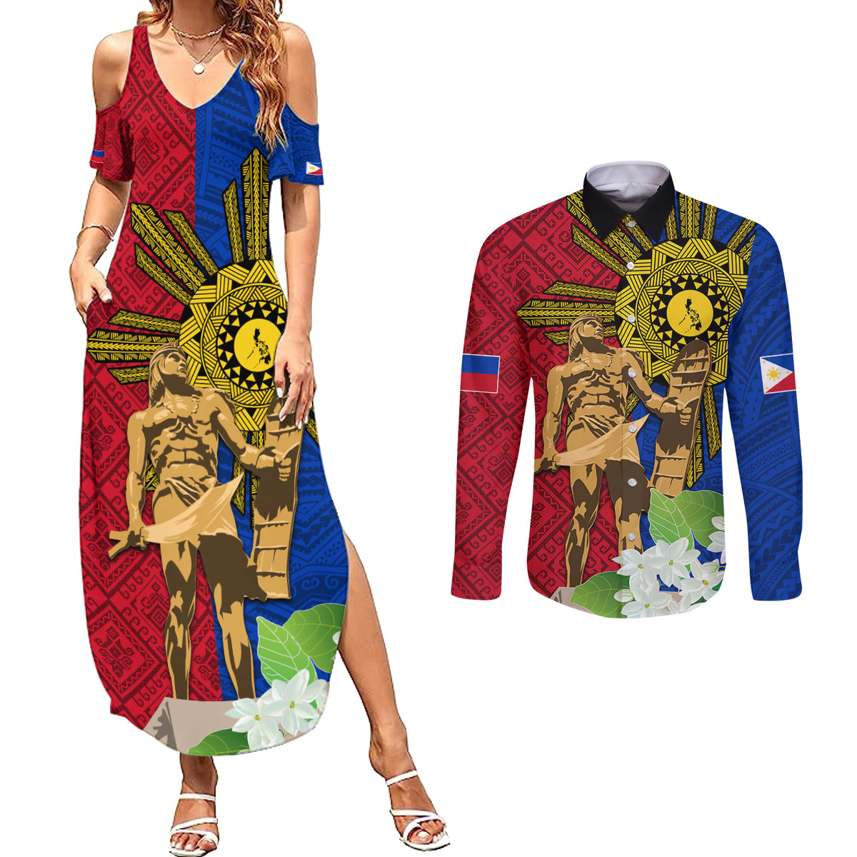 Philippines Lapu Lapu King Jasmine Flowers Couples Matching Summer Maxi Dress and Long Sleeve Button Shirt Filipino Sun Tattoo