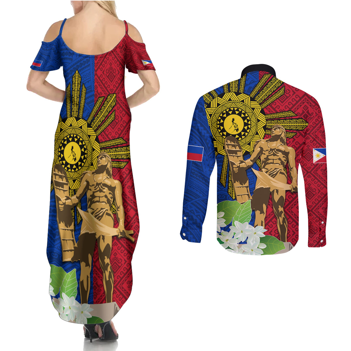 Philippines Lapu Lapu King Jasmine Flowers Couples Matching Summer Maxi Dress and Long Sleeve Button Shirt Filipino Sun Tattoo