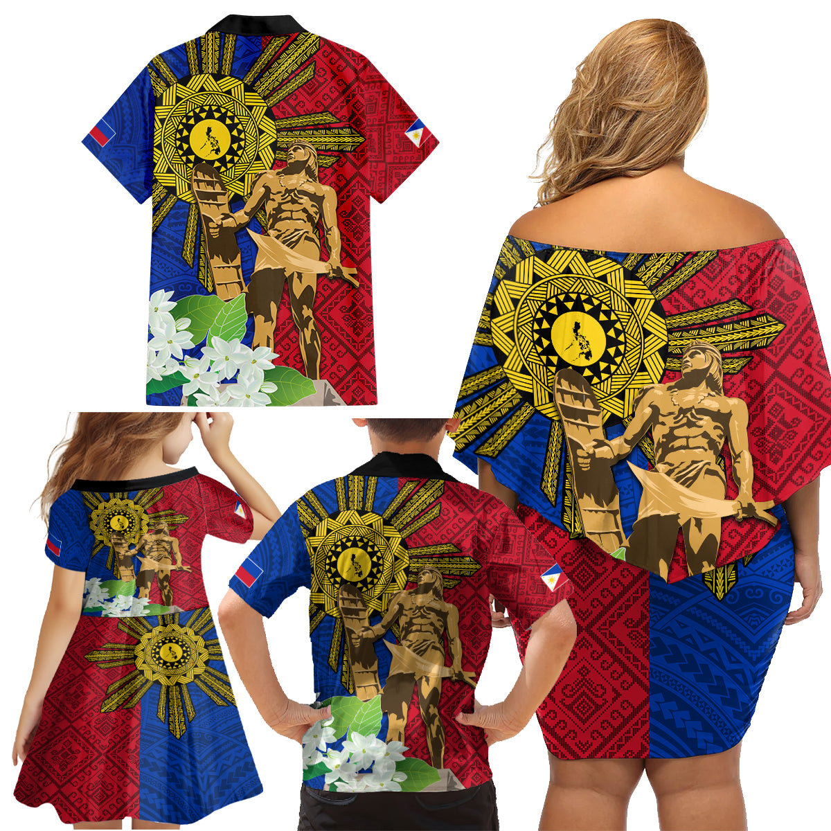 Philippines Lapu Lapu King Jasmine Flowers Family Matching Off Shoulder Short Dress and Hawaiian Shirt Filipino Sun Tattoo
