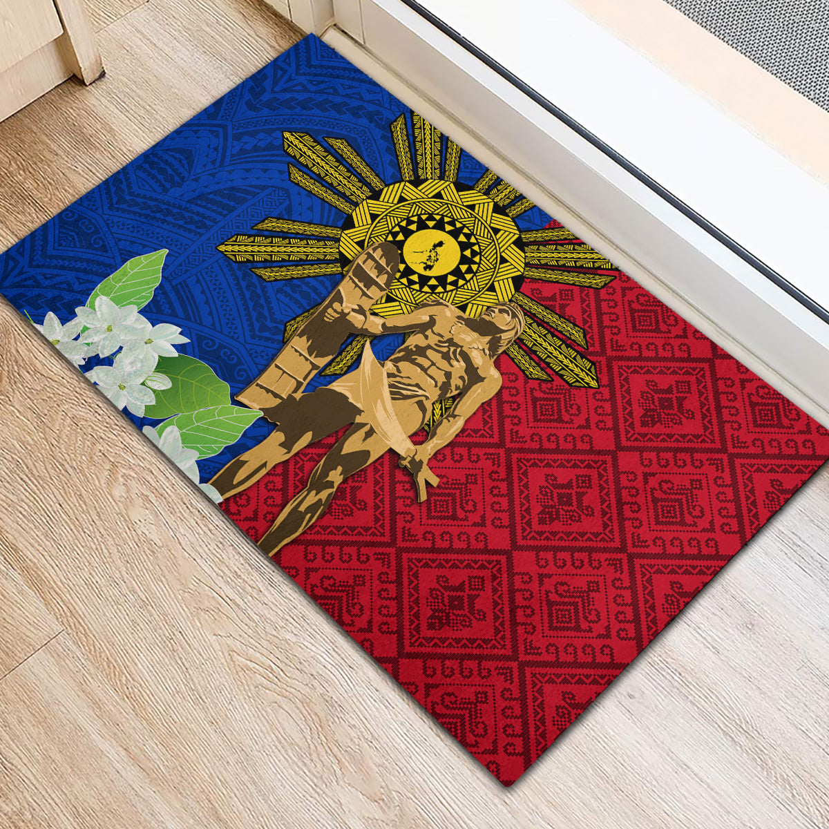 Philippines Lapu Lapu King Jasmine Flowers Rubber Doormat Filipino Sun Tattoo