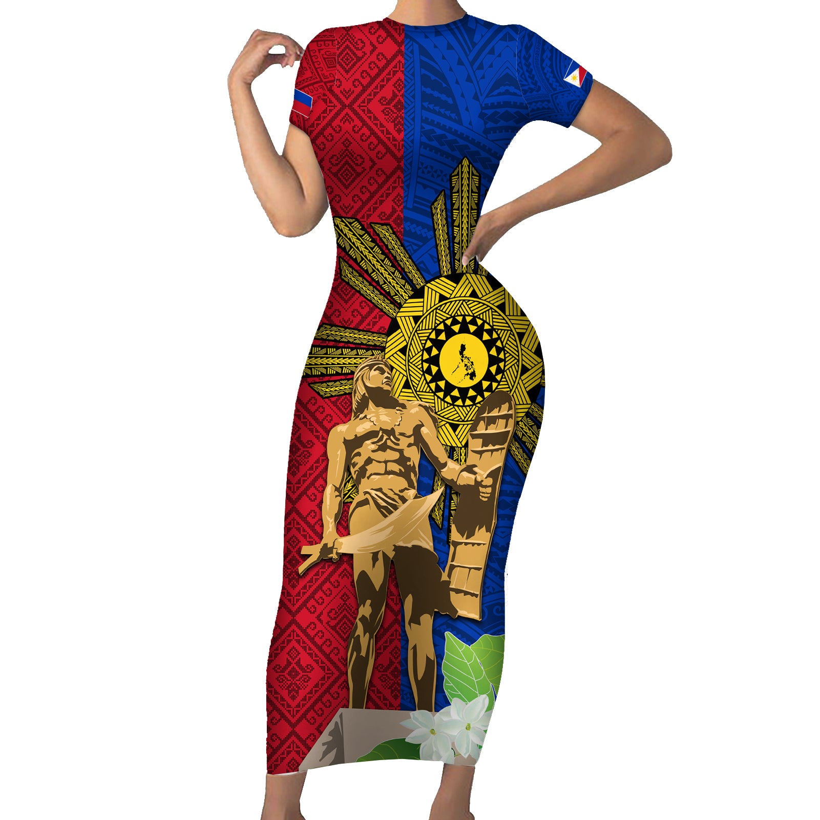 Philippines Lapu Lapu King Jasmine Flowers Short Sleeve Bodycon Dress Filipino Sun Tattoo