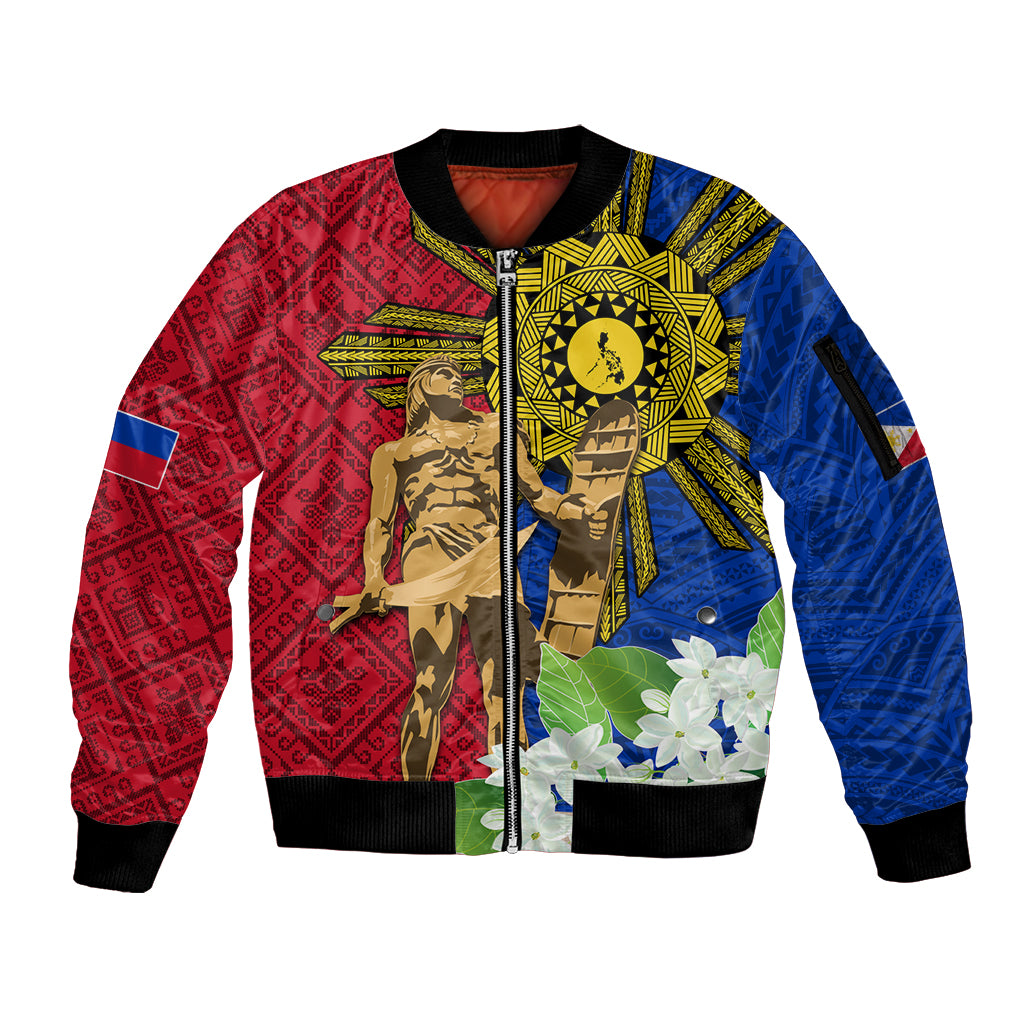Philippines Lapu Lapu King Jasmine Flowers Sleeve Zip Bomber Jacket Filipino Sun Tattoo